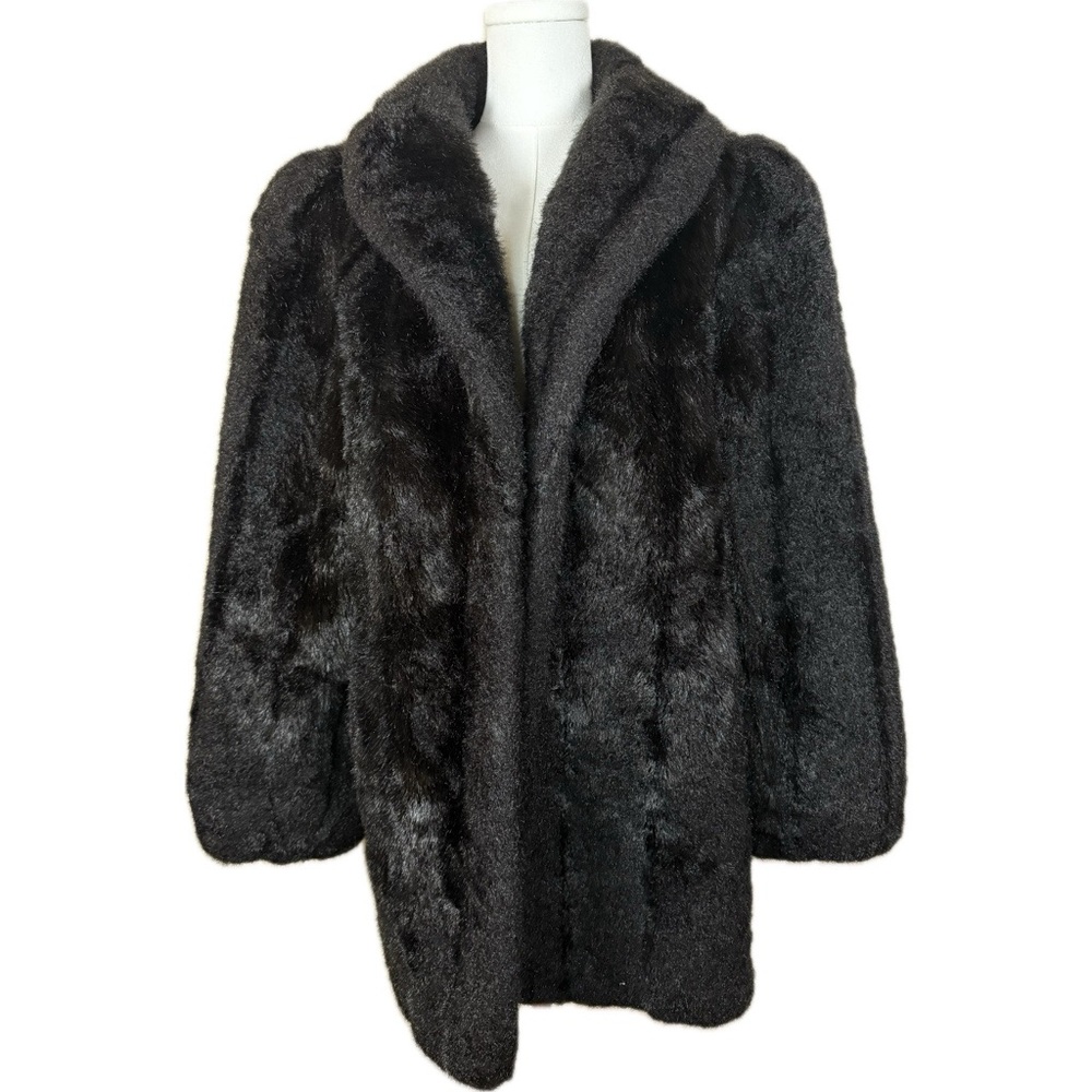 Vintage 80s Black Faux Fur Coat American Signature Plush Jacket sz M/L